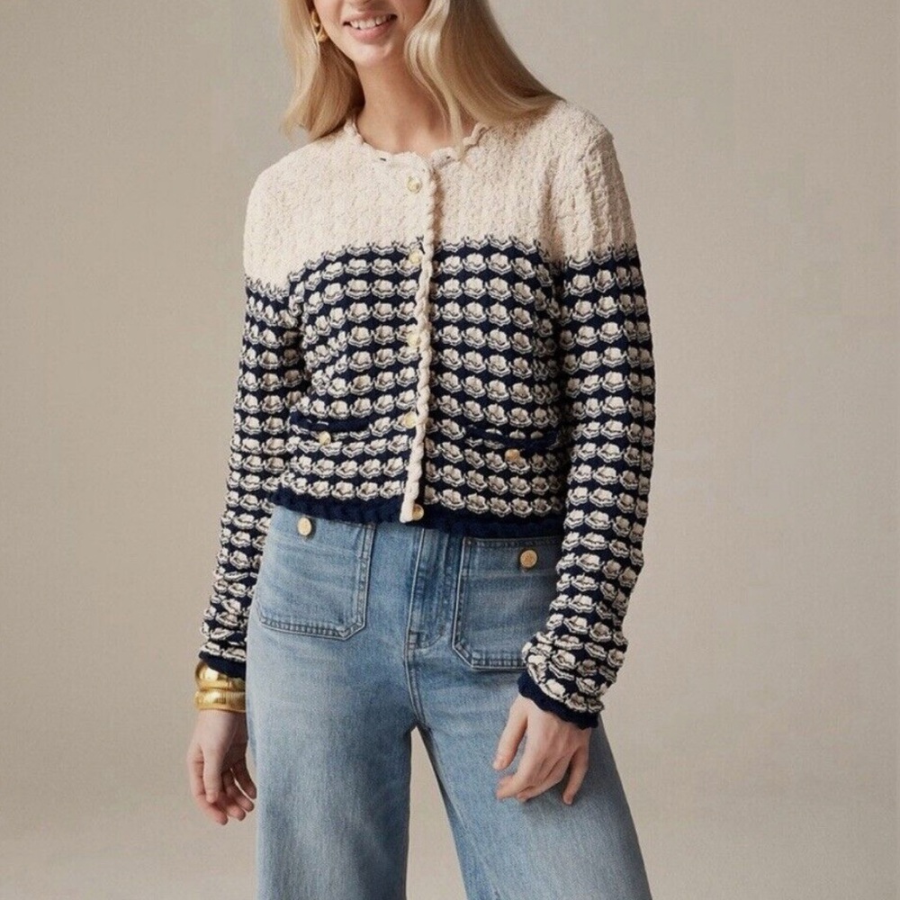 J.CREW Lady Jacket Women Medium Textured Crochet Cardigan Ivory Navy